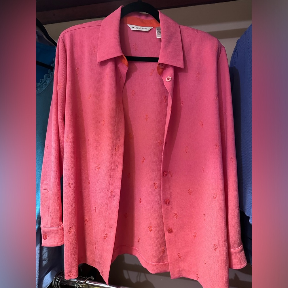 Vintage bright pink floral embroidered button down shirt